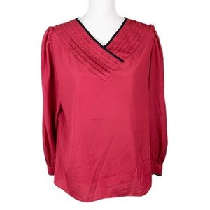 College Town Blouse Women 13 / 14 1970s Red V-Neck Long Sleeve Vintage Casual